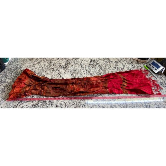Womens Rectangle Scarf Handwoven Fringe Red Orange Striped Pattern Lightweight - Picture 3 of 6